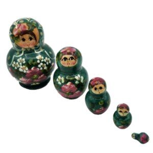 Hand Painted Matryoshka Nesting Dolls Set 5 Pieces Floral Green Russian Wood